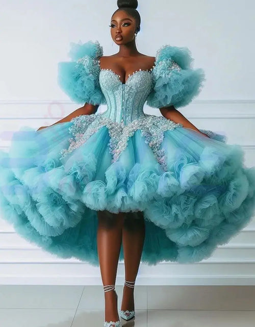 Load image into Gallery viewer, Dazzling Turquoise Glitter Ball Gown with Ruffles &amp; Crystal Rhinestones
