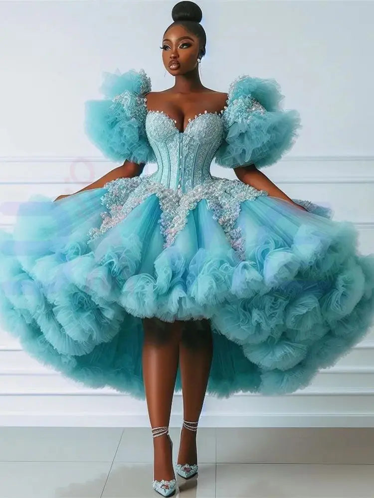 Dazzling Turquoise Glitter Ball Gown with Ruffles & Crystal Rhinestones