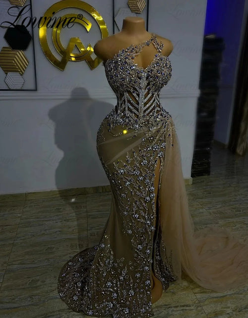 Load image into Gallery viewer, Luxury See-Through Crystal Beaded Evening Gown – High-Slit Customized Party Dress for Weddings
