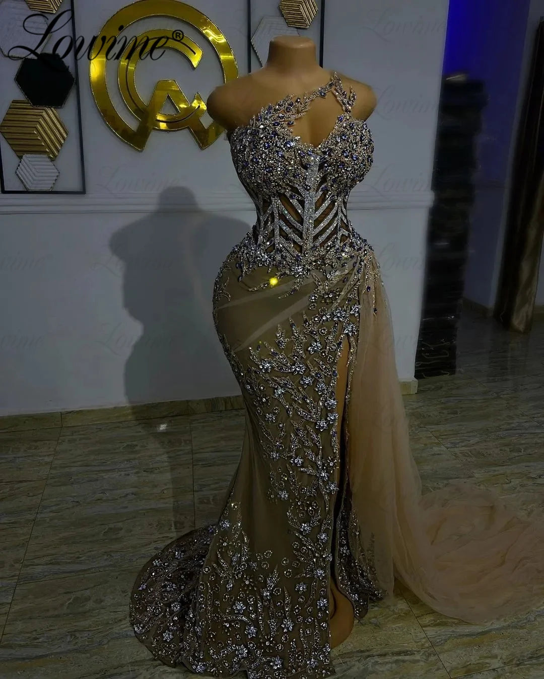 Luxury See-Through Crystal Beaded Evening Gown – High-Slit Customized Party Dress for Weddings