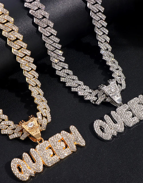 Load image into Gallery viewer, Iced Out Full Rhinestones KING QUEEN Letter Pendant Necklace 14mm Miami Rhombus Cuban Chain Hip Hop Necklaces Jewelry
