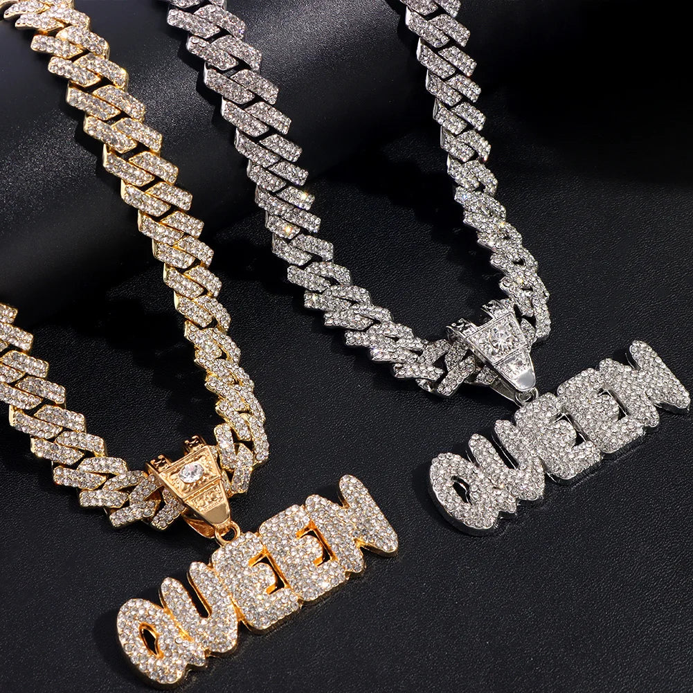 Iced Out Full Rhinestones KING QUEEN Letter Pendant Necklace 14mm Miami Rhombus Cuban Chain Hip Hop Necklaces Jewelry