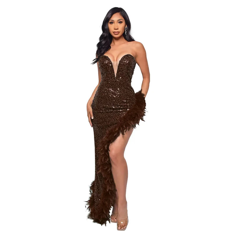 Strapless Sequin Feather Bodycon Dress – Elegant Cocktail & Formal Party Wear for Women