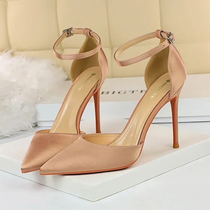 Elegant 10cm High Heel Sandals – Strappy Silk Bridal & Wedding Pumps for Women