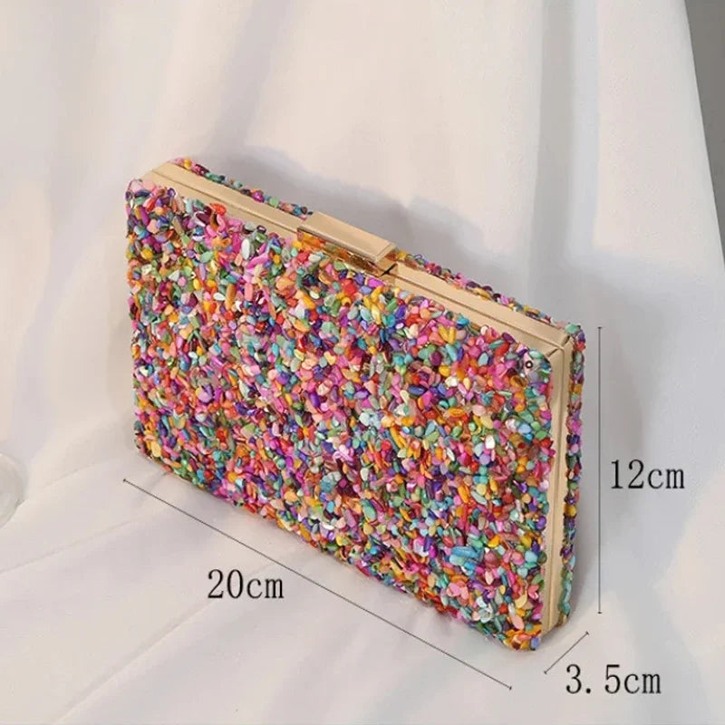 Luxury Colorful Stone Evening Bag – Designer Wedding & Party Crossbody with Chain Wallet