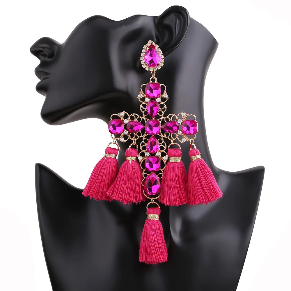 Statement Rhinestone Tassel Drop Earrings – Crystal Dangle Jewelry for Women