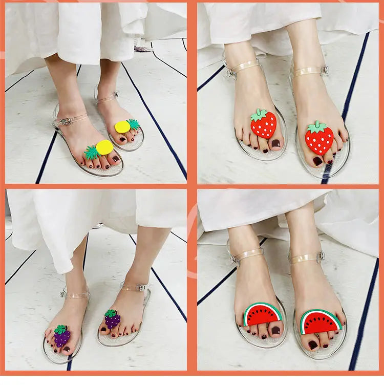 Women Fruit Jelly Sandals PVC Flat Flip-flop Sandal Ladies Summer Outdoor Fashion Non-slip Buckle Strap Beach Shoes Slides