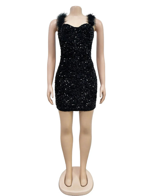 Load image into Gallery viewer, Women’s Feather Shoulder Sequined Bodycon Dress – Sexy Sleeveless Party Mini Dress
