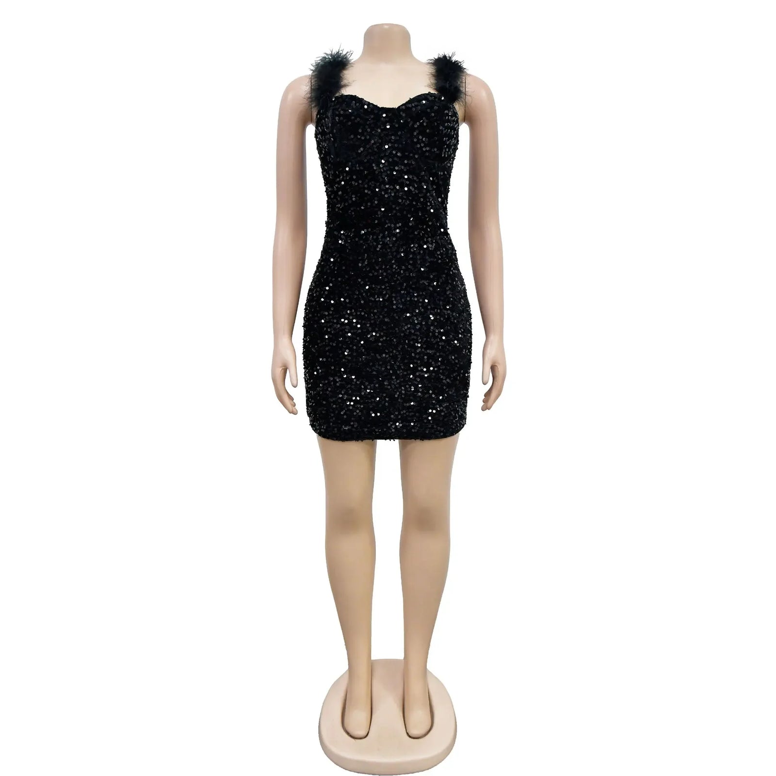 Women’s Feather Shoulder Sequined Bodycon Dress – Sexy Sleeveless Party Mini Dress