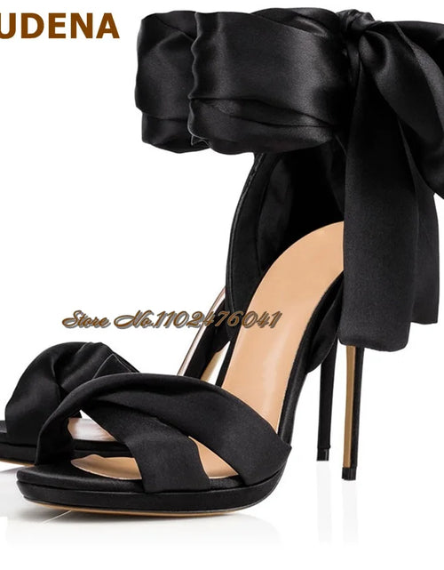 Load image into Gallery viewer, Satin Bowtie Sandals: Stiletto Heels with Silk Lace-up Elegance
