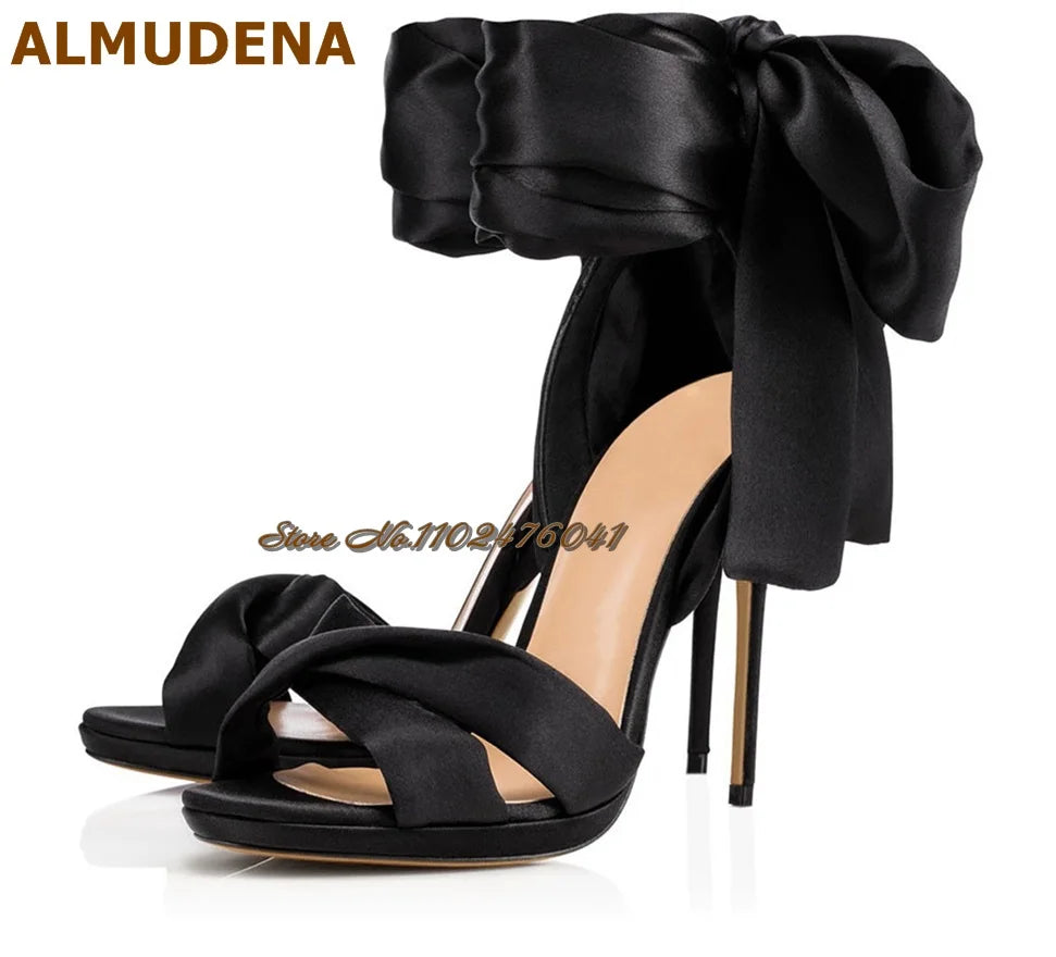 Satin Bowtie Sandals: Stiletto Heels with Silk Lace-up Elegance