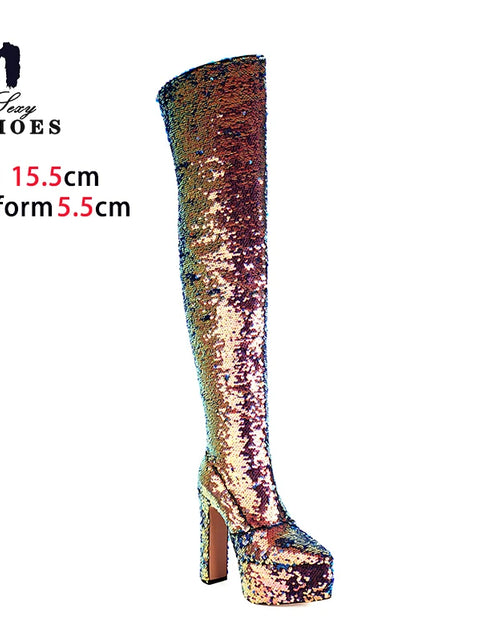 Load image into Gallery viewer, Showstopper: Sequin Over-the-Knee Platform Boots with High Heels
