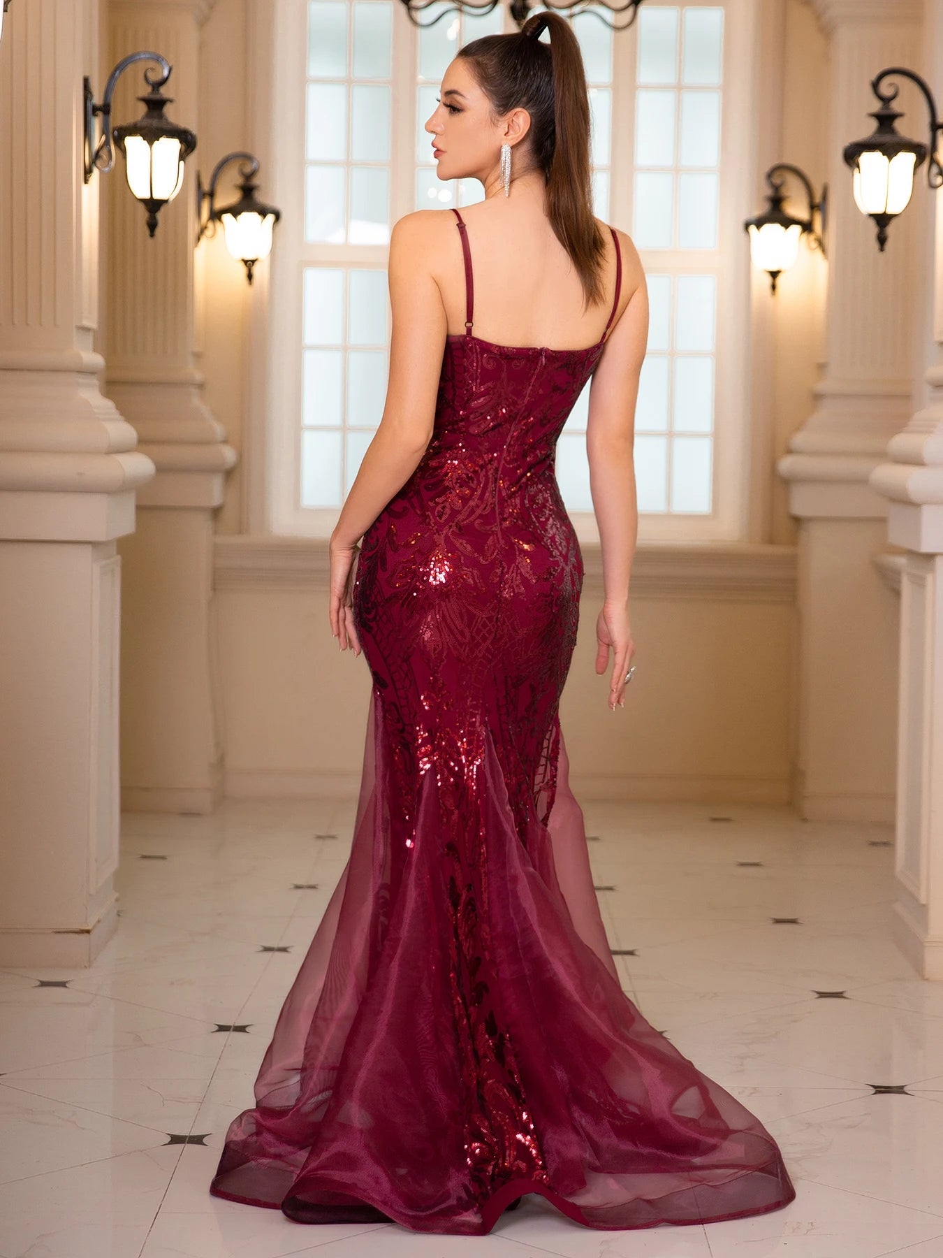 Glamorous & Bold: Deep V-Neck Sequin Spaghetti Strap Evening Gown for Unforgettable Nights