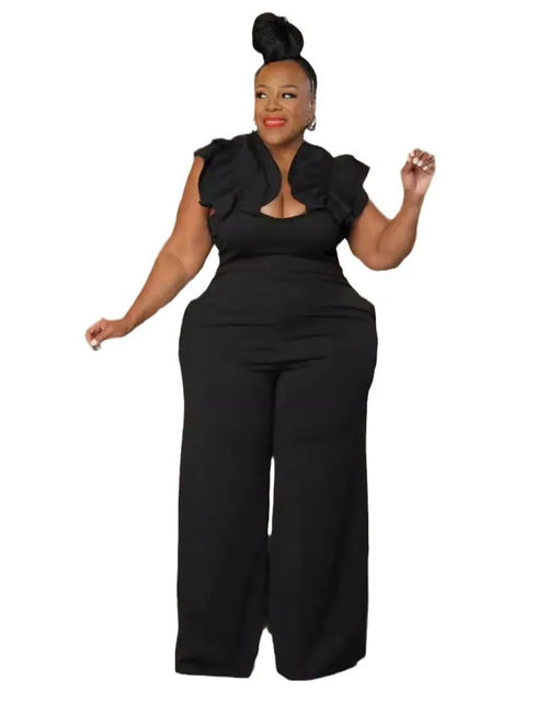 Load image into Gallery viewer, Elegant Plus Size Ruffle Wide-Leg Jumpsuit – Sleeveless Backless One-Piece for Women
