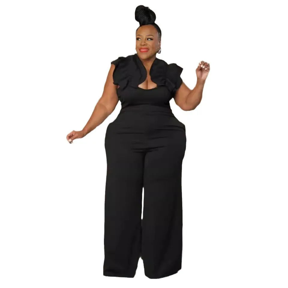 Elegant Plus Size Ruffle Wide-Leg Jumpsuit – Sleeveless Backless One-Piece for Women