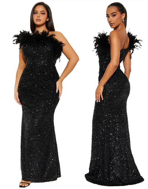 Load image into Gallery viewer, Dazzling Sequined Backless Maxi Dress with Feather &amp; Bead Detailing – Perfect for Birthday Party
