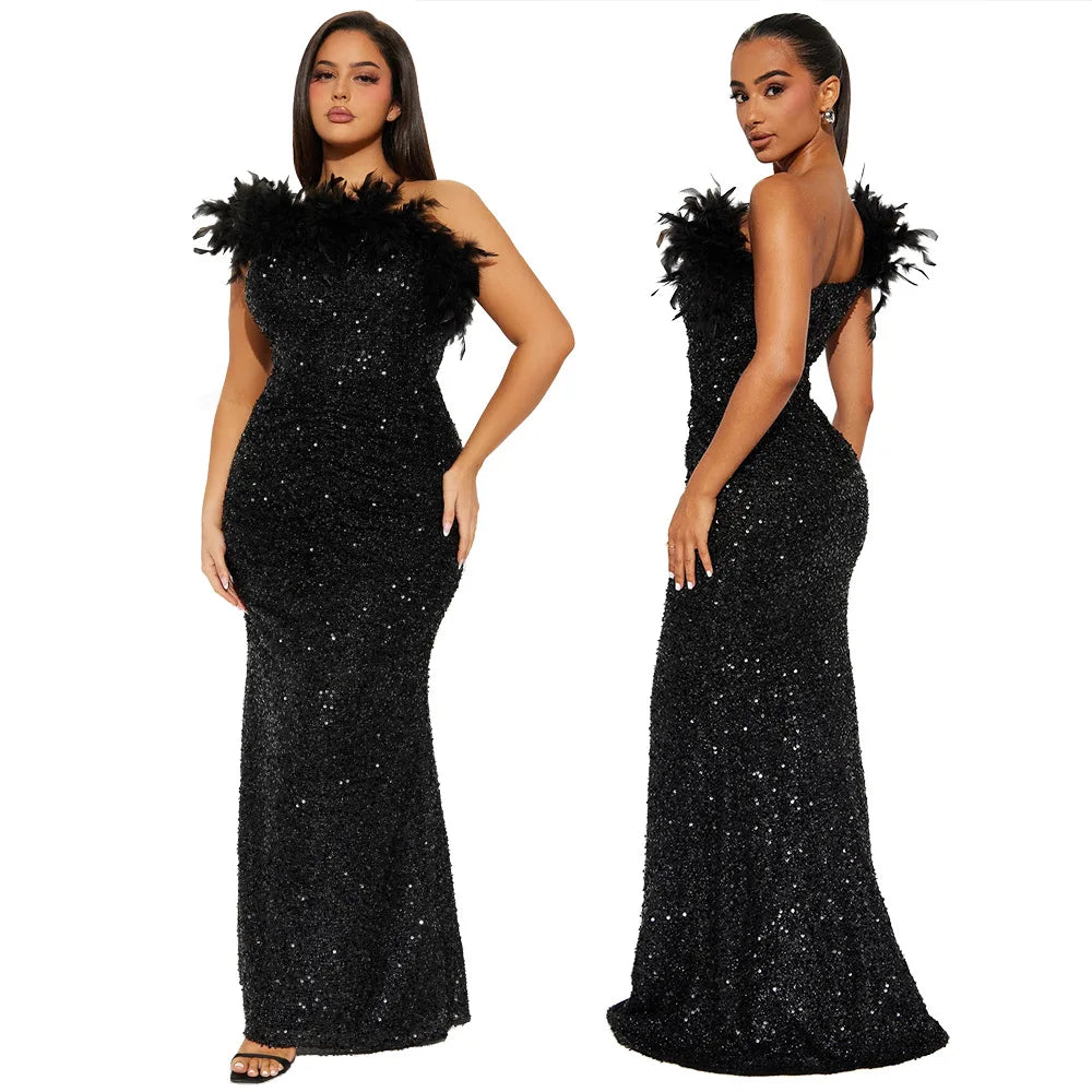 Dazzling Sequined Backless Maxi Dress with Feather & Bead Detailing – Perfect for Birthday Party