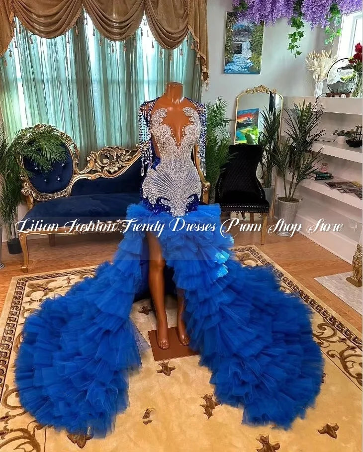 Luxury Blue Sparkly Mermaid Evening Gown with Diamond Crystal Ruffles