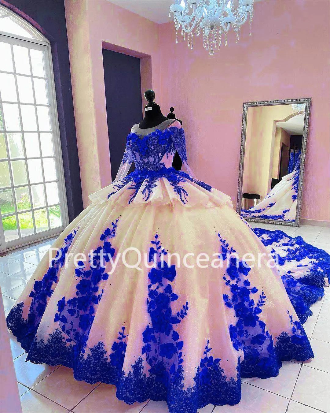 Regal Bloom: Champagne & Red Tiered Quinceañera Ball Gown with 3D Flowers and Train