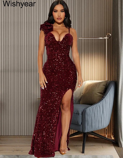 Load image into Gallery viewer, Sexy Sequin Strap Cocktail Prom Dress with Slit Leg – Luxury Padded Evening Gown for Parties &amp; Weddings
