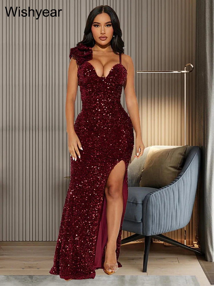 Sexy Sequin Strap Cocktail Prom Dress with Slit Leg – Luxury Padded Evening Gown for Parties & Weddings