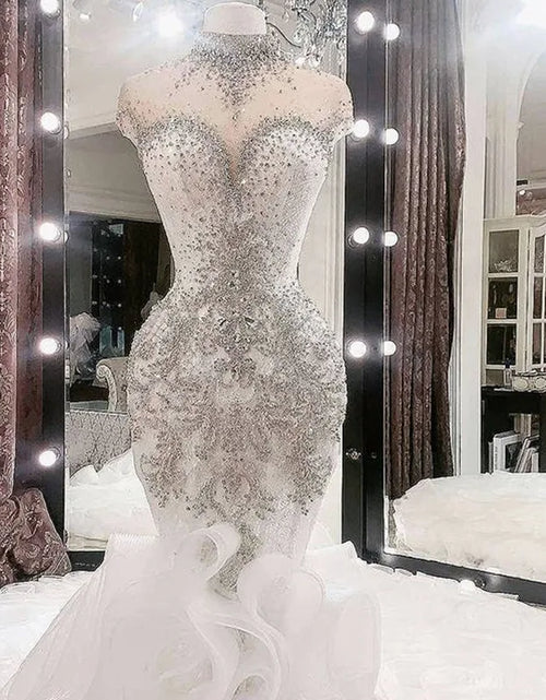 Load image into Gallery viewer, Luxurious High-Neck Beaded Crystal Wedding Dress – Arabic Aso Ebi Ruffled Bridal Gown
