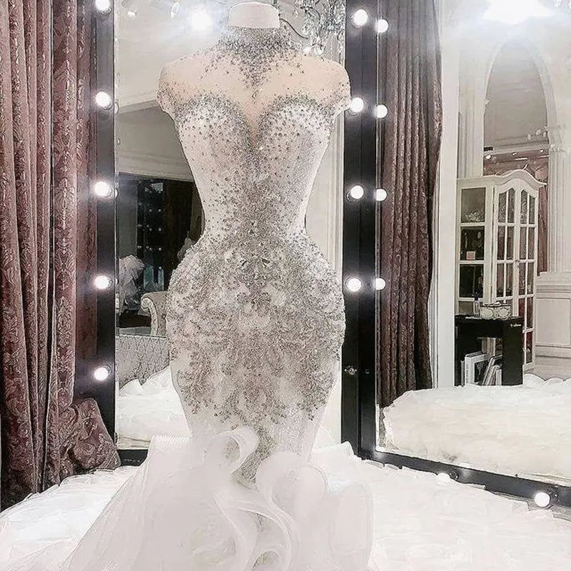 Luxurious High-Neck Beaded Crystal Wedding Dress – Arabic Aso Ebi Ruffled Bridal Gown