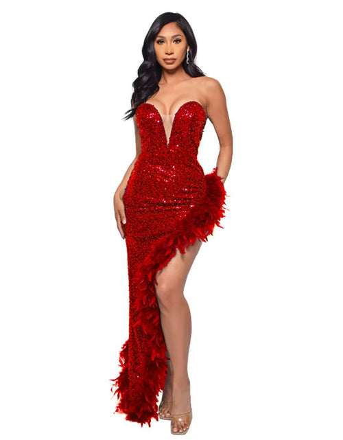 Load image into Gallery viewer, Strapless Sequin Feather Bodycon Dress – Elegant Cocktail &amp; Formal Party Wear for Women
