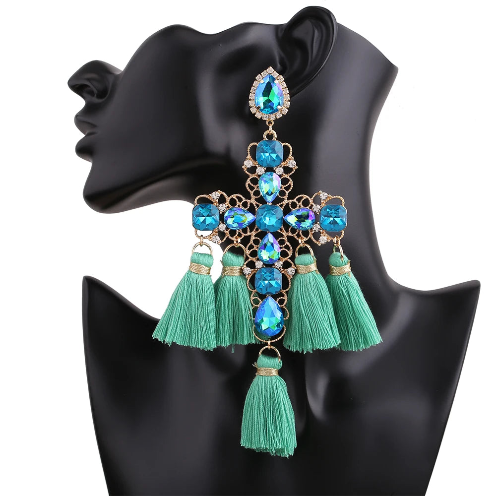 Statement Rhinestone Tassel Drop Earrings – Crystal Dangle Jewelry for Women