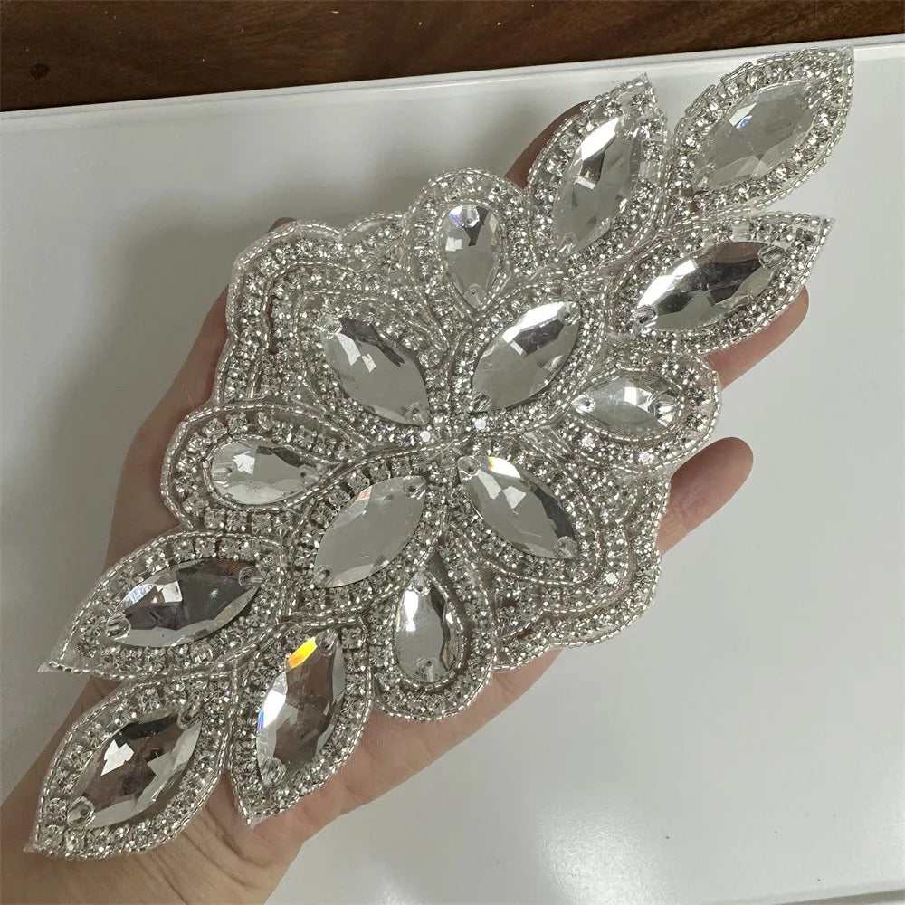 AB Silver Rhinestone Flower Applique – Elegant Iron-On/Sew-On Decoration for Wedding Dresses & Clothes