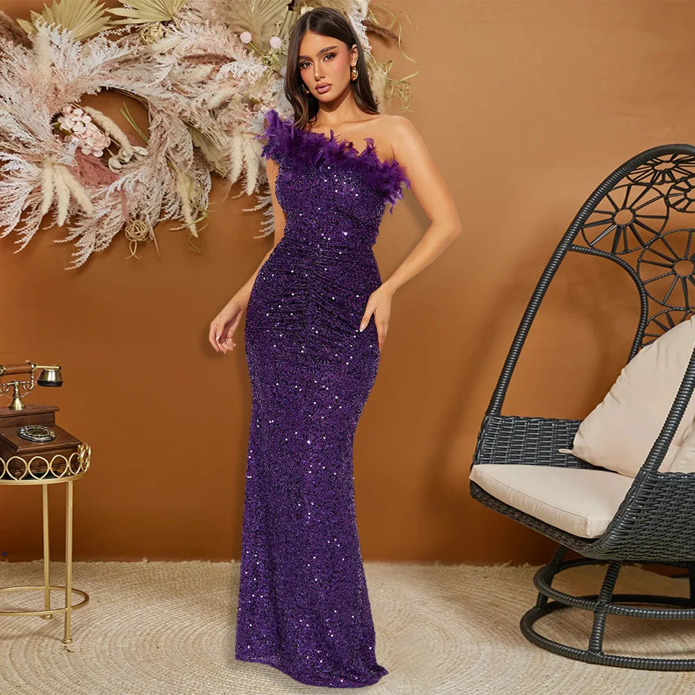 Dazzling Sequined Backless Maxi Dress with Feather & Bead Detailing – Perfect for Birthday Party