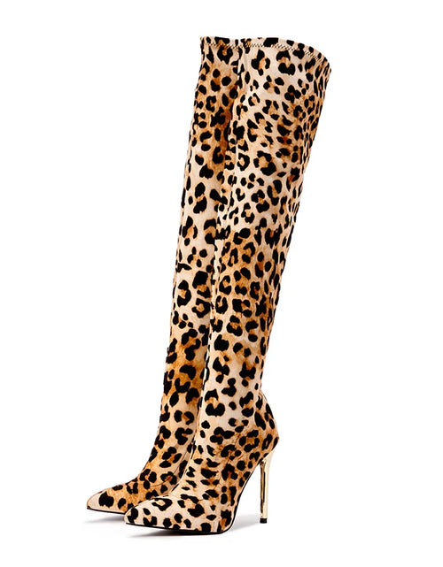 Load image into Gallery viewer, Chic &amp; Bold: Women&#39;s Leopard Print Long Boots with Slim Heels - Sexy, Stylish &amp; Plus-Size Friendly!
