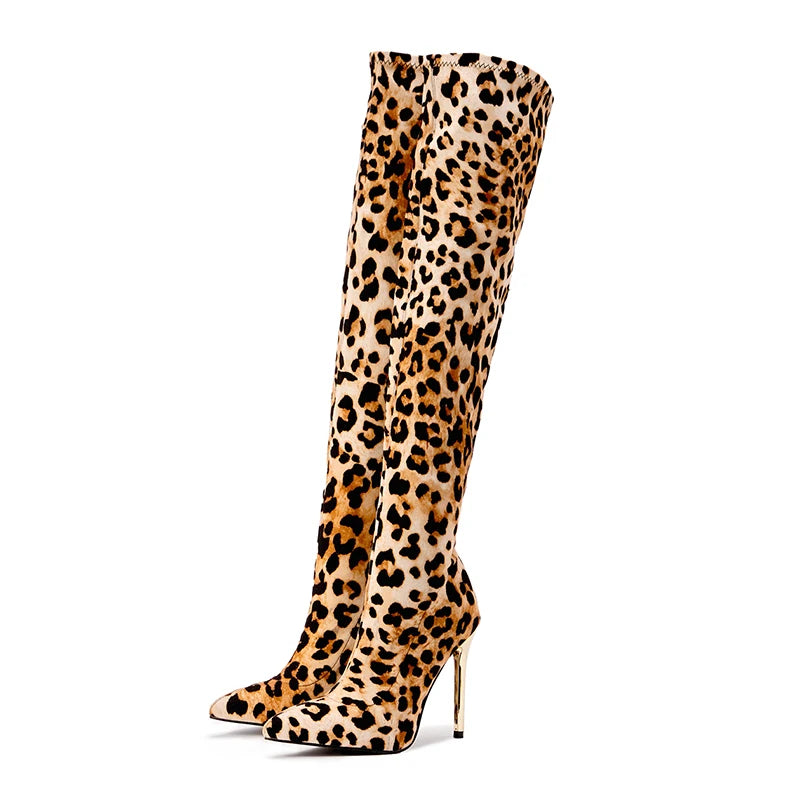 Chic & Bold: Women's Leopard Print Long Boots with Slim Heels - Sexy, Stylish & Plus-Size Friendly!