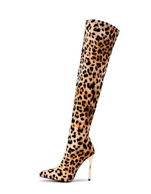 Load image into Gallery viewer, Chic &amp; Bold: Women&#39;s Leopard Print Long Boots with Slim Heels - Sexy, Stylish &amp; Plus-Size Friendly!
