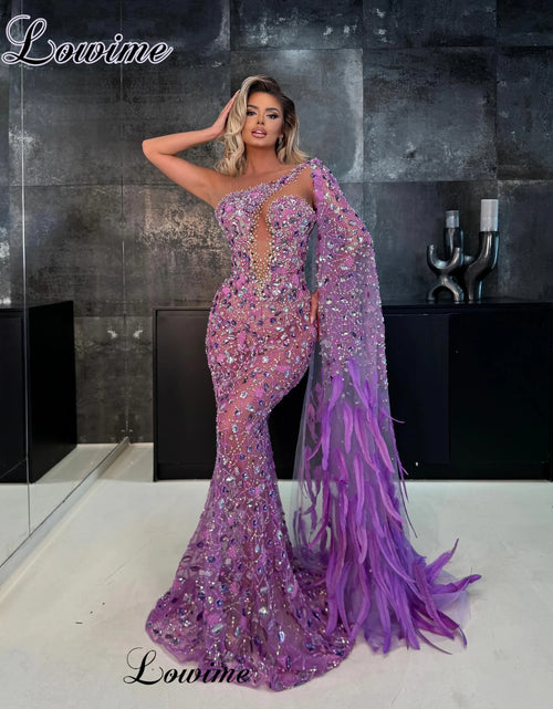 Load image into Gallery viewer, Luxury One-Shoulder Crystal Mermaid Evening Gown – Elegant Celebrity-Inspired Prom Dress
