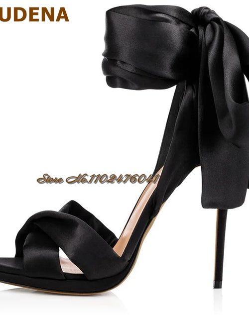 Load image into Gallery viewer, Satin Bowtie Sandals: Stiletto Heels with Silk Lace-up Elegance
