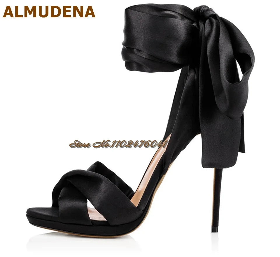 Satin Bowtie Sandals: Stiletto Heels with Silk Lace-up Elegance