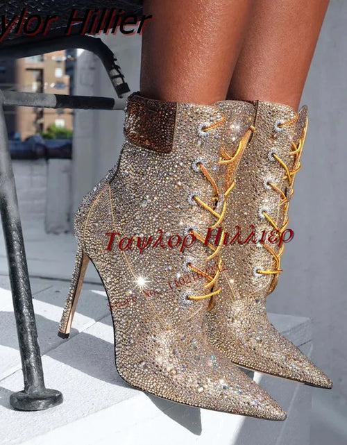 Load image into Gallery viewer, Glamour &amp; Elegance: Gold Handmade Drill Short Boots with Pointed Toe and Thin Heel
