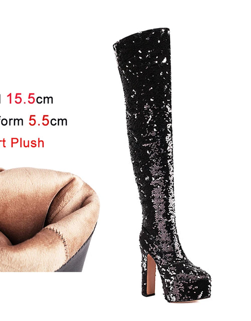 Load image into Gallery viewer, Showstopper: Sequin Over-the-Knee Platform Boots with High Heels
