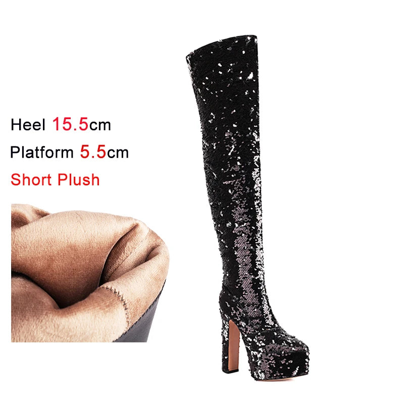 Showstopper: Sequin Over-the-Knee Platform Boots with High Heels