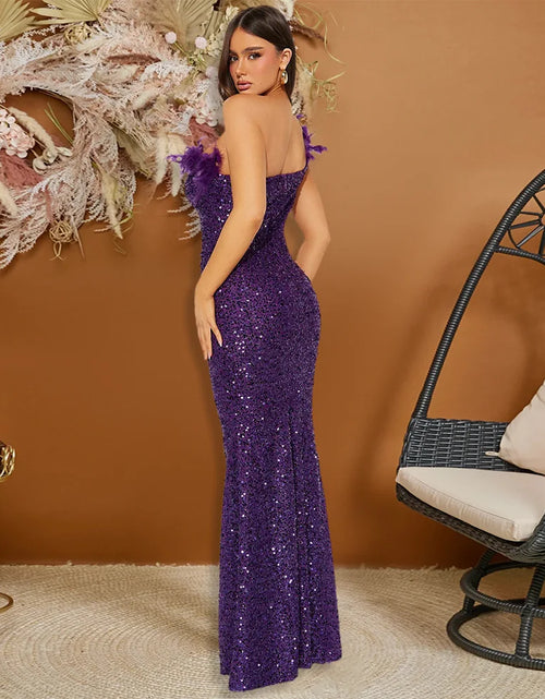 Load image into Gallery viewer, Dazzling Sequined Backless Maxi Dress with Feather &amp; Bead Detailing – Perfect for Birthday Party
