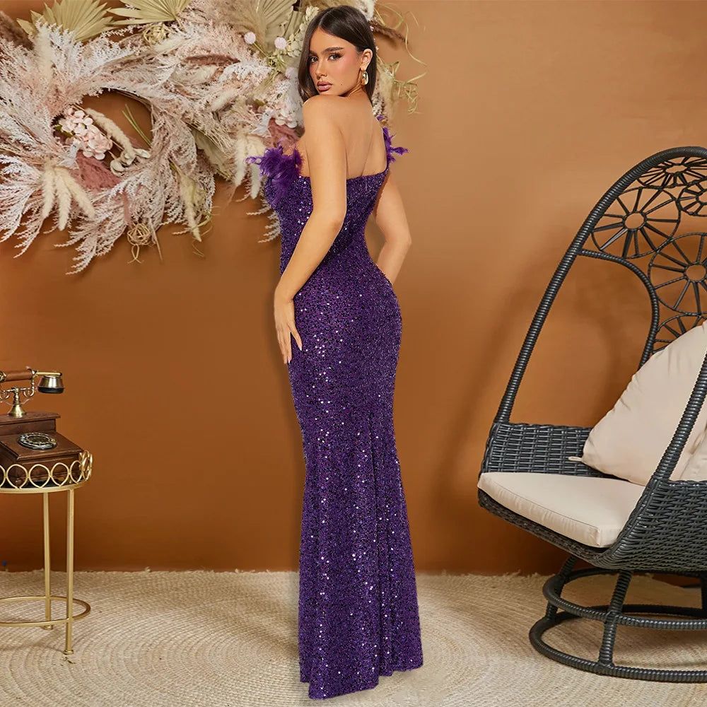 Dazzling Sequined Backless Maxi Dress with Feather & Bead Detailing – Perfect for Birthday Party