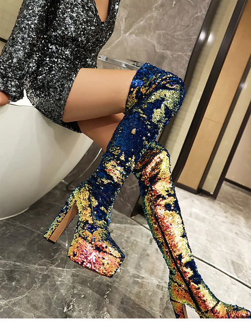 Load image into Gallery viewer, Showstopper: Sequin Over-the-Knee Platform Boots with High Heels
