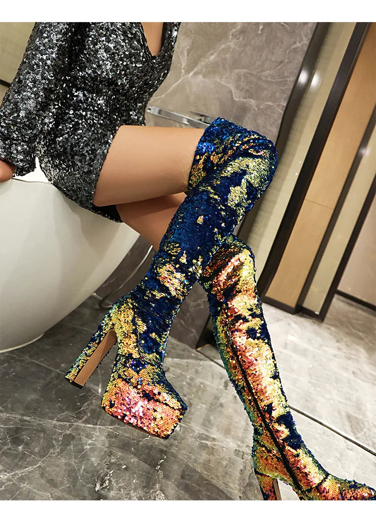 Showstopper: Sequin Over-the-Knee Platform Boots with High Heels