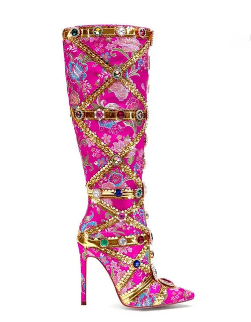 Load image into Gallery viewer, Vibrant Elegance: Colorful Rhinestone Embroidered Mid-Length Ethnic Boots
