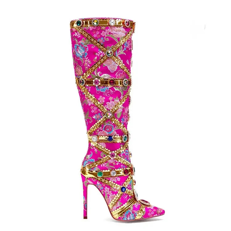 Vibrant Elegance: Colorful Rhinestone Embroidered Mid-Length Ethnic Boots