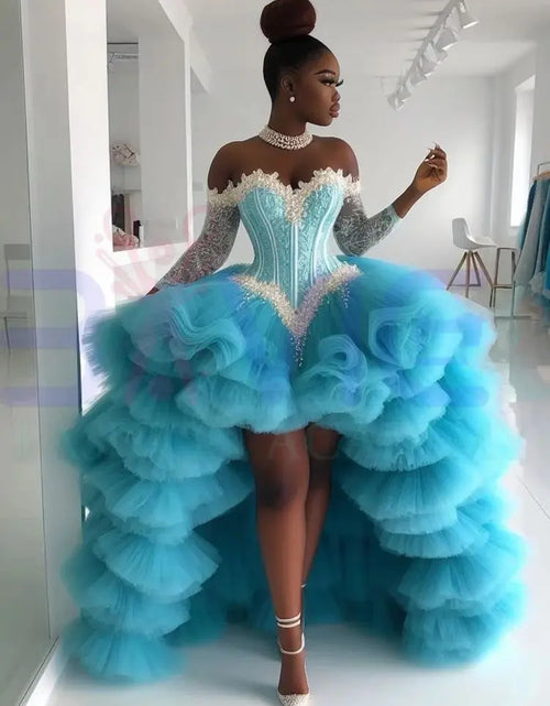 Load image into Gallery viewer, Pink Princess Turquoise Prom Dress with Crystals &amp; Tiered Sleeves
