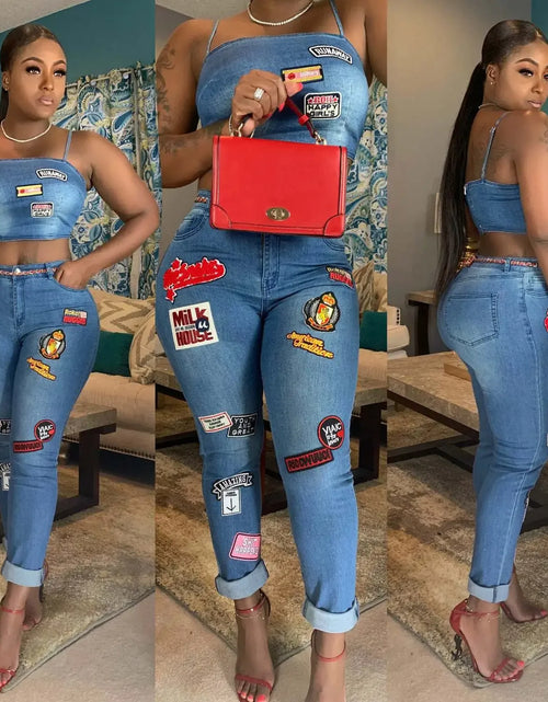 Load image into Gallery viewer, Sexy Denim Two-Piece Set – Women’s Crop Top and Pants Matching Outfit
