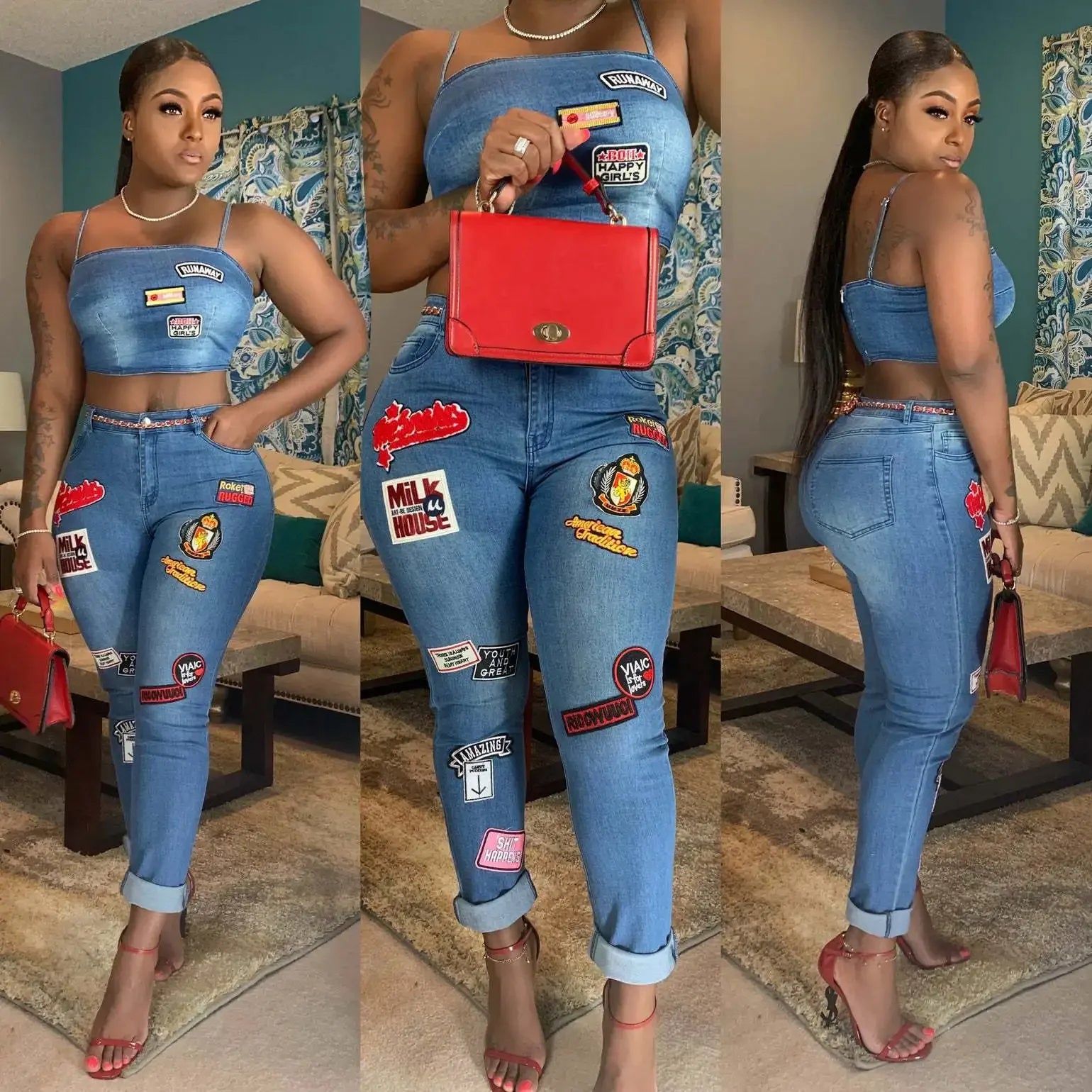 Sexy Denim Two-Piece Set – Women’s Crop Top and Pants Matching Outfit