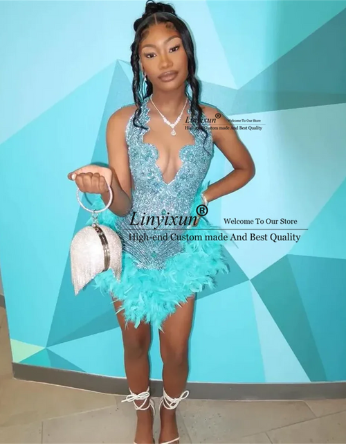 Load image into Gallery viewer, Frosted Elegance: Ice Blue Feathered Short Prom Dress with Crystals
